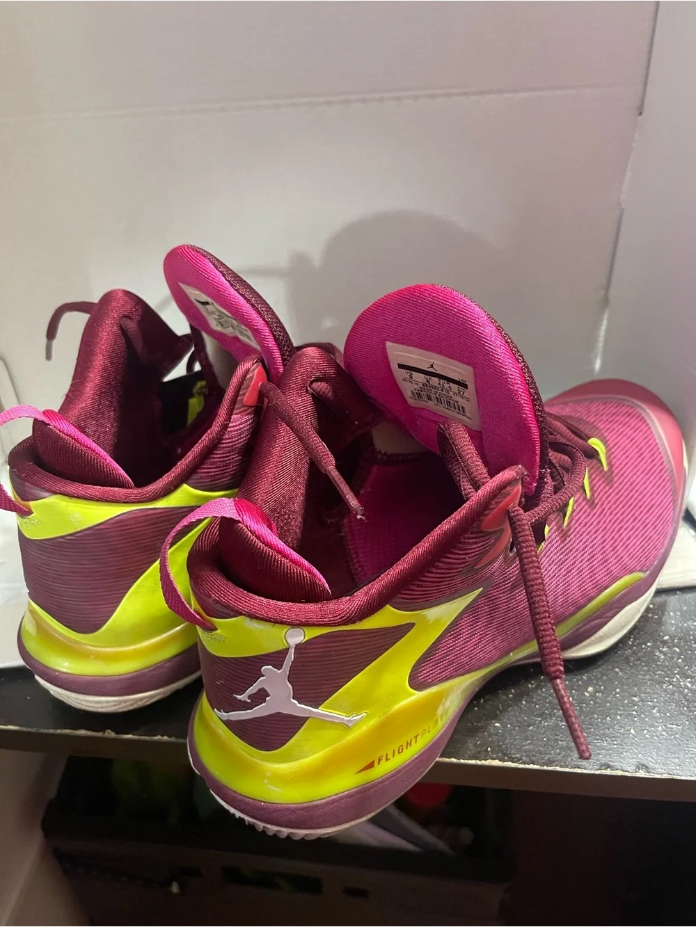 Wardrobe Department STAR Find- Jordan Maroon and Neon Yellow Basketball Sneakers